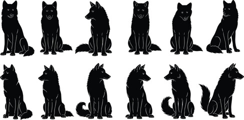 Black silhouette vector illustration of twelve sitting wolves in different poses for wildlife, animal, nature, forest, and decorative design themes