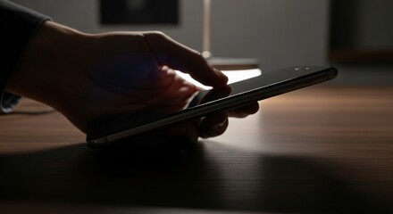 Hand using smartphone low-key lighting wooden table.