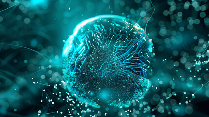 Floating in a dark space, a vibrant hologram of a brain made of luminous particles represents complex AI processes. This digital artwork emphasizes the intersection of creativity and technology