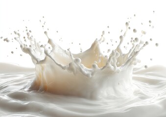 Milk splash against a white background.  A perfect, symmetrical splash of milk erupts outward from a central point, creating a crown-like shape against a smooth milk surface