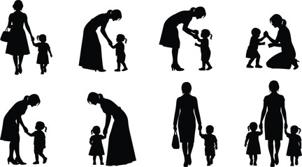 Silhouettes of adult women interacting with young girls in nurturing poses, showing parenting, caregiving, guidance, and family relationship moments