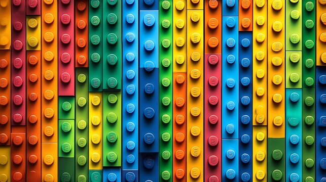 Vibrant rainbow pattern of colorful interlocking building blocks creating a playful and creative background