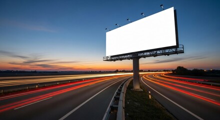 Blank white billboard mockup on a highway with traffic light trails at sunset.