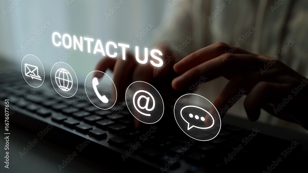 Poster ui concept for contact us section showing icons for email, web, phone, and message. contact and supp