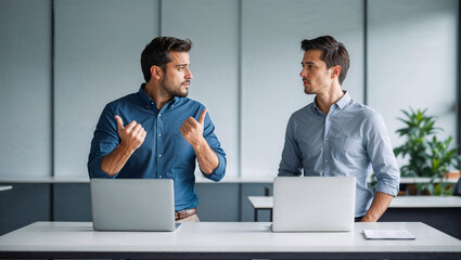 Two men discussing ideas while working at modern office desks  