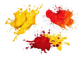 Three vibrant paint splatters, yellow and red, isolated on white