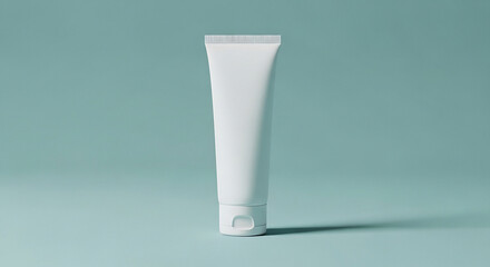 A single white tube of cream standing upright on a light blue background in a studio setting