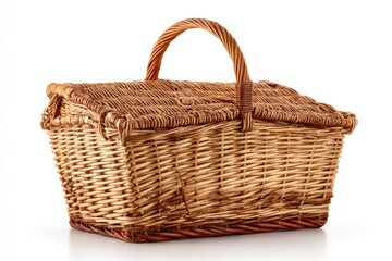 A light brown wicker picnic basket with a hinged lid, placed against a white background