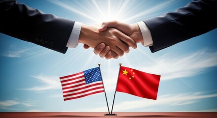 Handshake between two people above the usa and china flags against a blue sky background