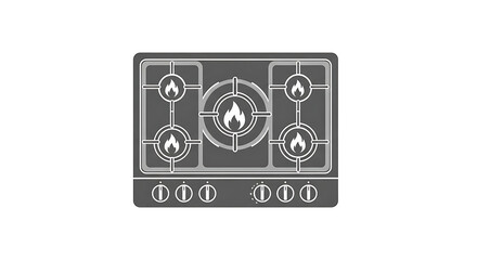A gray stove top with five burners and flames on a white background in a vector illustration ai generated