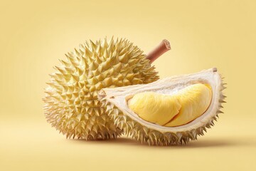 Obraz premium Two durians, one whole and one halved, on a pale yellow background. The fruit is a pale yellow-green, with spiky exterior. The inside of the cut durian is a rich yellow