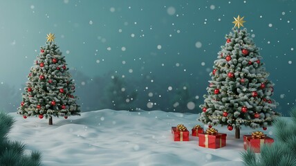 Obraz premium Two decorated christmas trees in a snowy winter wonderland with gifts