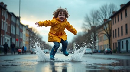 Young child jumping in puddle while wearing yellow raincoat outdoors  