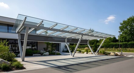 Modern Glass and Metal Canopy Entrance.