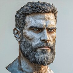 Male sculpture of a bearded man with a strong expression  