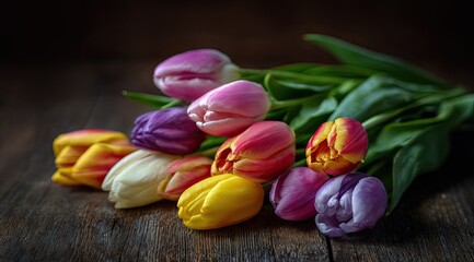 Vibrant tulip bouquet on weathered wood (1)