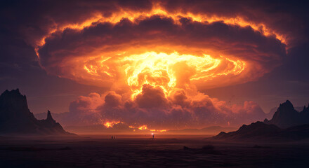 fire in the sky, epic nuclear explosion over a desert landscape