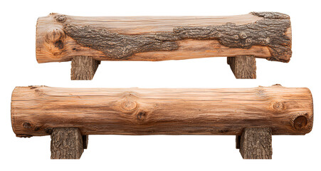 set of wooden log benches isolated on a transparent background, cutout png file