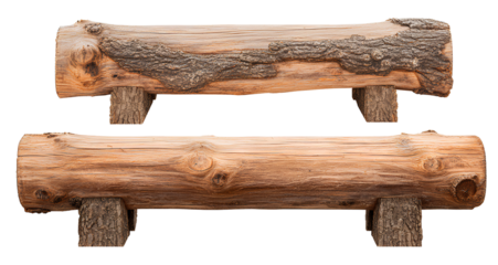 set of wooden log benches isolated on a transparent background, cutout png file