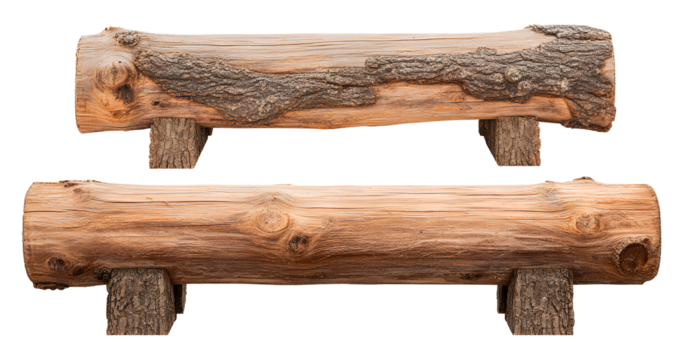 set of wooden log benches isolated on a transparent background, cutout png file