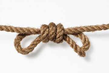 Close-up of a bowline knot in light brown rope against white background