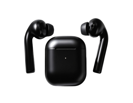 Top-Down Flat Lay of Sleek Black Wireless Earbuds with Minimalist Shadows, Isolated Transparent Background PNG