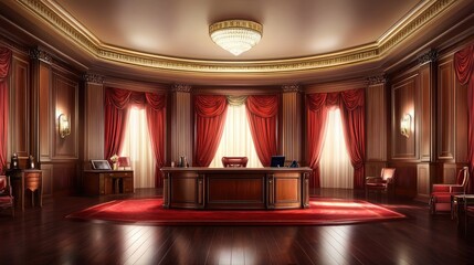 Luxurious, richly appointed formal office interior.