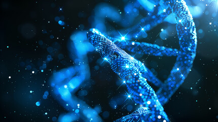 Intricate strands of a glowing DNA helix display brilliant blue particles against a dark backdrop. This visualization highlights the complex beauty of genetic structures in mesmerizing detail