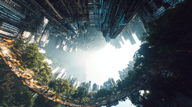 deafening city skyline noise waves stopped by invisible barrier dome tranquil park inside no people illustration concept scene visual for commercial design use high detail quality stock image illustra