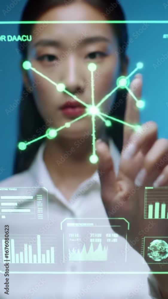 Poster extreme close-up video of expert hands interacting with a holographic interface displaying complex d