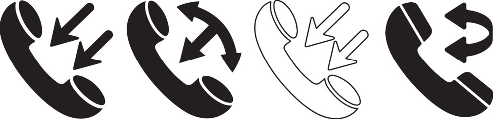 Phone call icons with arrows in outline and solid styles representing incoming calls, outgoing calls, missed calls, communication, connection, and customer support services