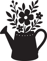 Silhouette watering can with blooming flowers and leaves black vector illustration gardening nature growth concept design
