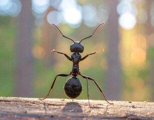 A black ant stands on a log