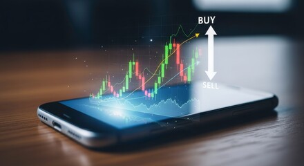 A smartphone displaying a stock market graph with buy and sell indicators overlaying it