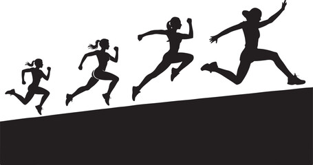 Black and White Silhouette of Female Athletes Running and Leaping to Victory with Determination and Power