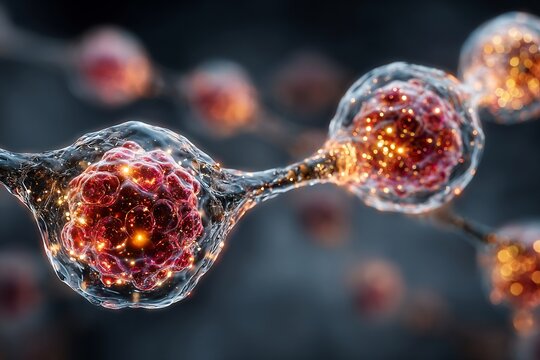 Bio synthesis concept art glowing molecules transparent layers in cool colors background for science and biotech