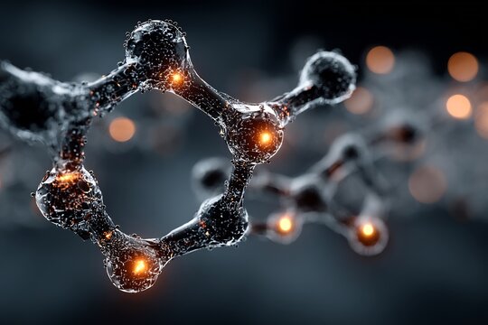 Bio synthesis concept art glowing molecules transparent layers in cool colors background for science and biotech