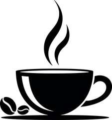 Coffee Cup Illustration with Steam and Beans Minimalist Black and White Design for Cafe Menu and Branding