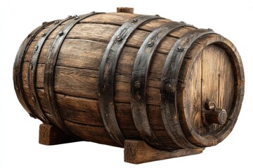 Aged wooden barrel, dark brown hue, showing metal bands and  supports
