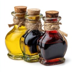 Three small glass bottles, corked and tied with twine, contain different liquids.  One is yellow, one dark, and one reddish
