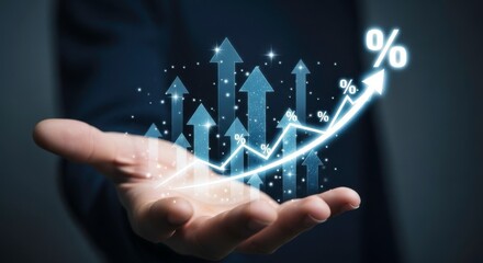 Hand holding glowing arrows and percentage signs representing financial growth
