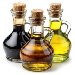 Three small glass bottles, likely for condiments, with cork stoppers and handles. Dark, light brown, and yellow liquid inside each bottle
