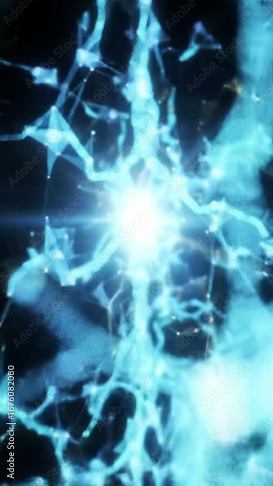 Poster pulsating energy core radiating evolving luminescent digital patterns of glowing lines and nodes aga