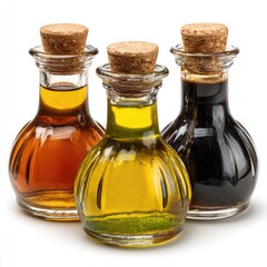 Three small glass bottles with cork stoppers, filled with different liquids.  The bottles are bulbous, and the liquids are amber, yellow-green, and dark brown-black
