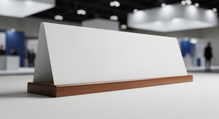 Blank White Table Tent Sign on Wooden Base in Exhibition Hall.