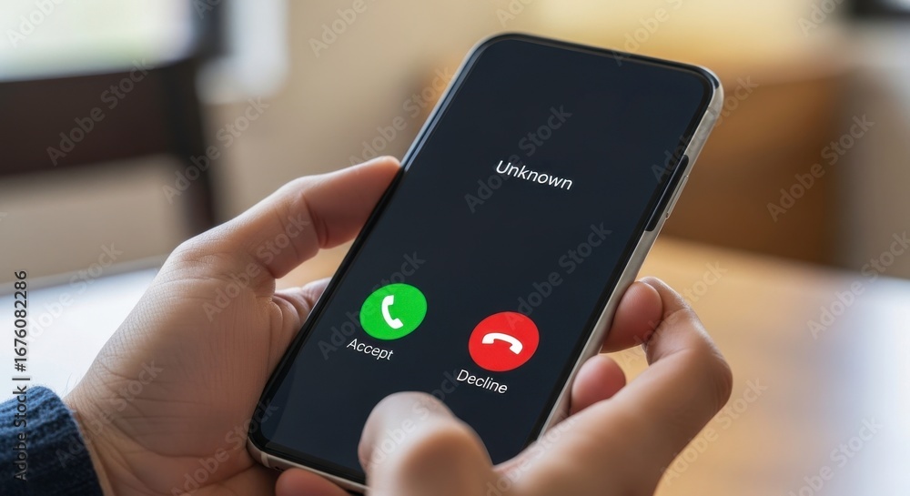 Poster person holding a smartphone with an unknown caller id and accept decline buttons