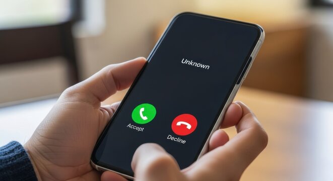 Person holding a smartphone with an unknown caller id and accept decline buttons