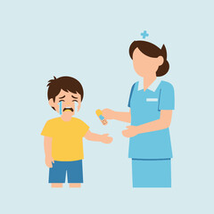 A young boy crying while a nurse offers a medical syringe for an injection.