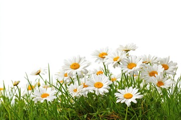 Daisies in grass border against white