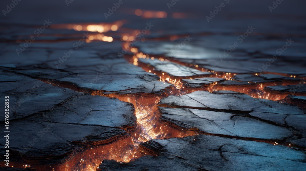 Poster glowing alien terrain with deep cracks and mysterious features